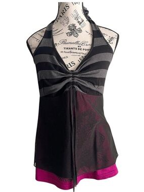 Y2K Schwiing black grey striped pink halter emo sheer scene fairy grunge medium